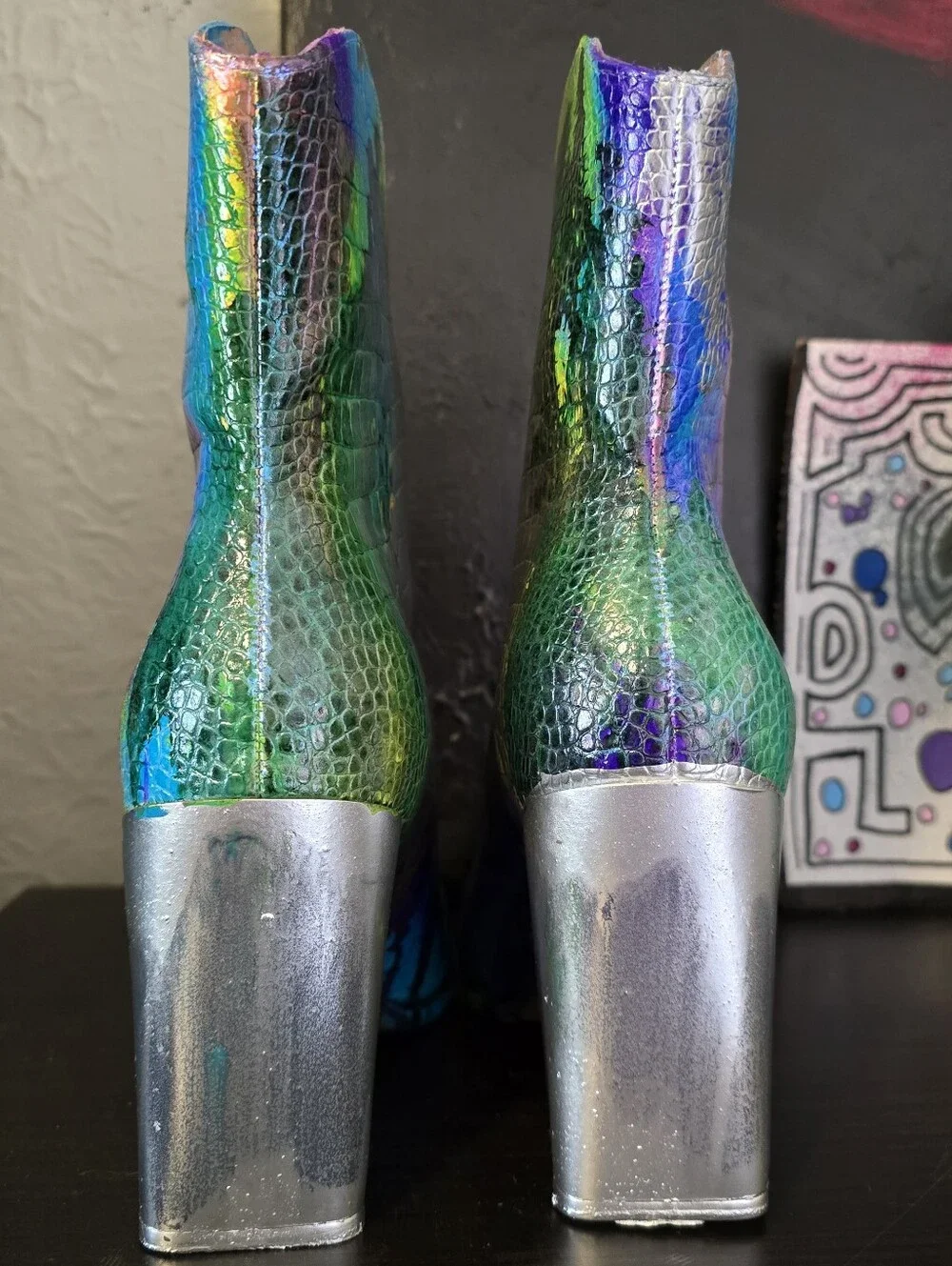 HANDCRAFTED Upcycled Ankle Boots HANDPAINTED Size 9.5 Bootie Snake Print Texture